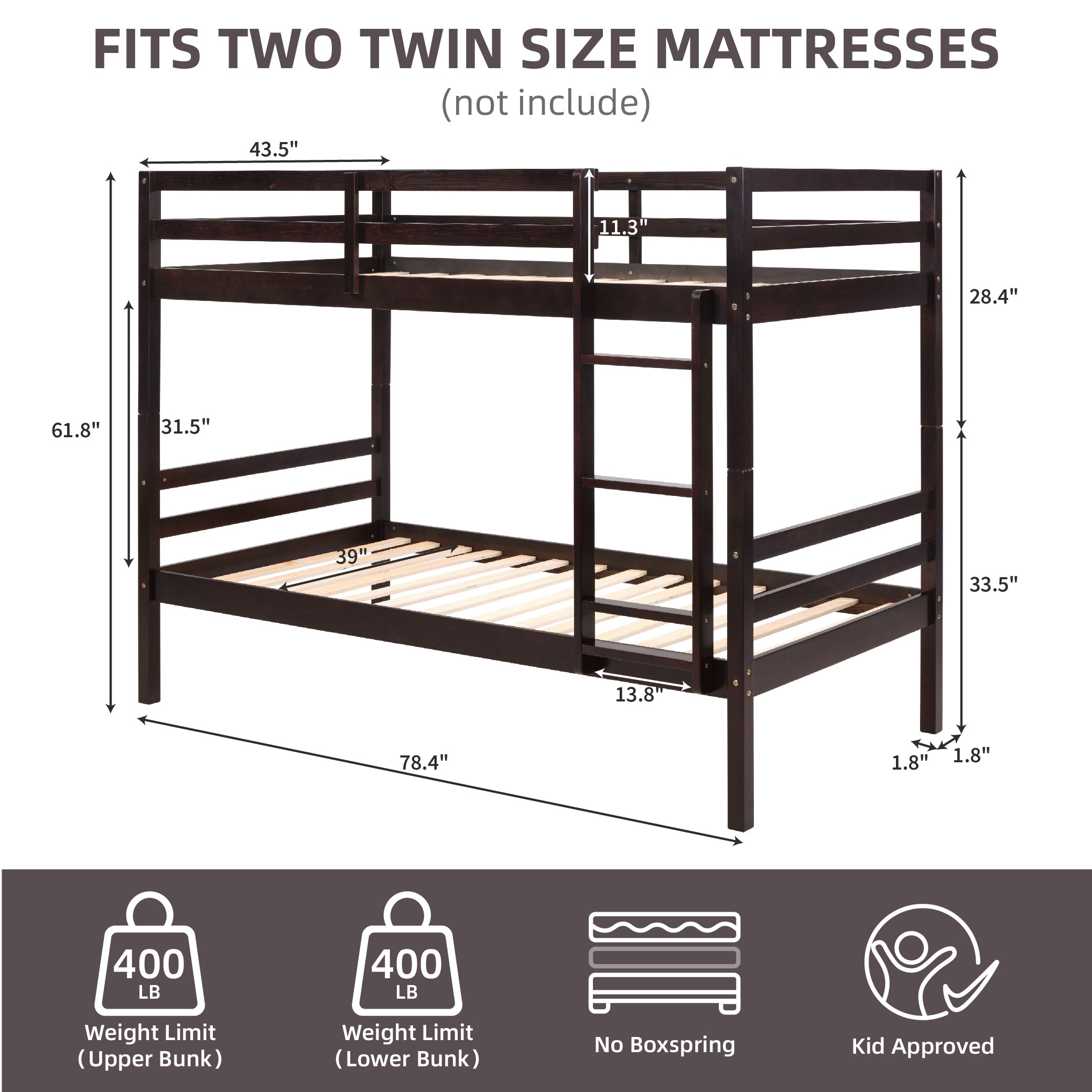 Twin Over Twin Bunk Bed With Ladder,Wooden Bunk Bed With High Guardrail And Ladder For Kids, Teens, Dorm Rooms, And Guest Rooms,No Box Spring Needed,Espresso_voghion.com